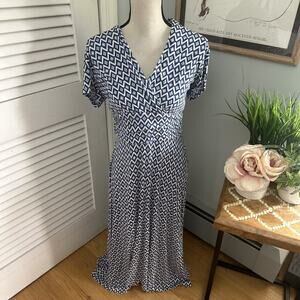 NOM Womens Maternity Dress Medium Blue Geometric Maxi Faux Wrap Casual Stretch